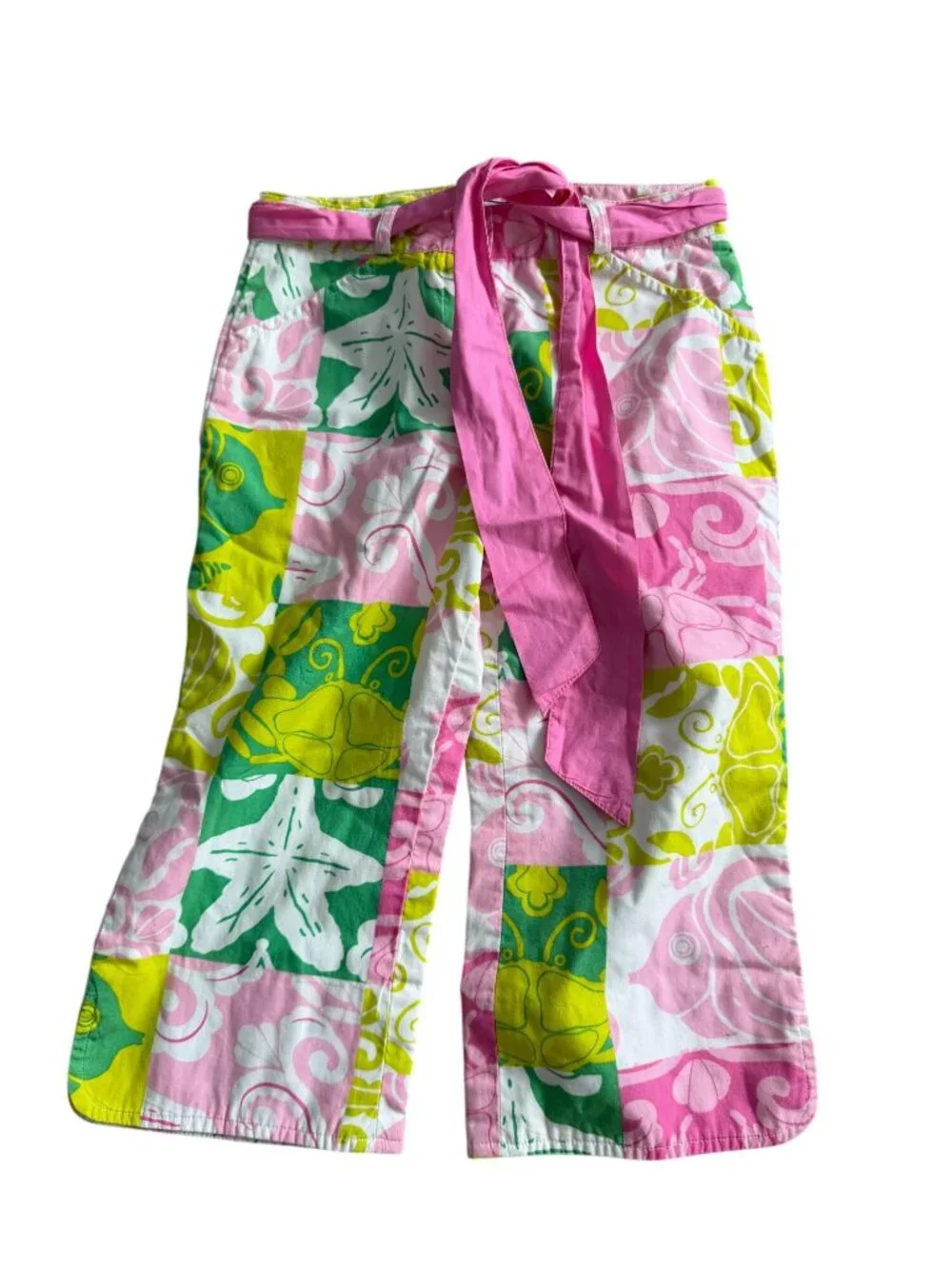 LILLY PULITZER Vintage Girls Sea Life Patchwork Patterned Belted Pants Size 6X
